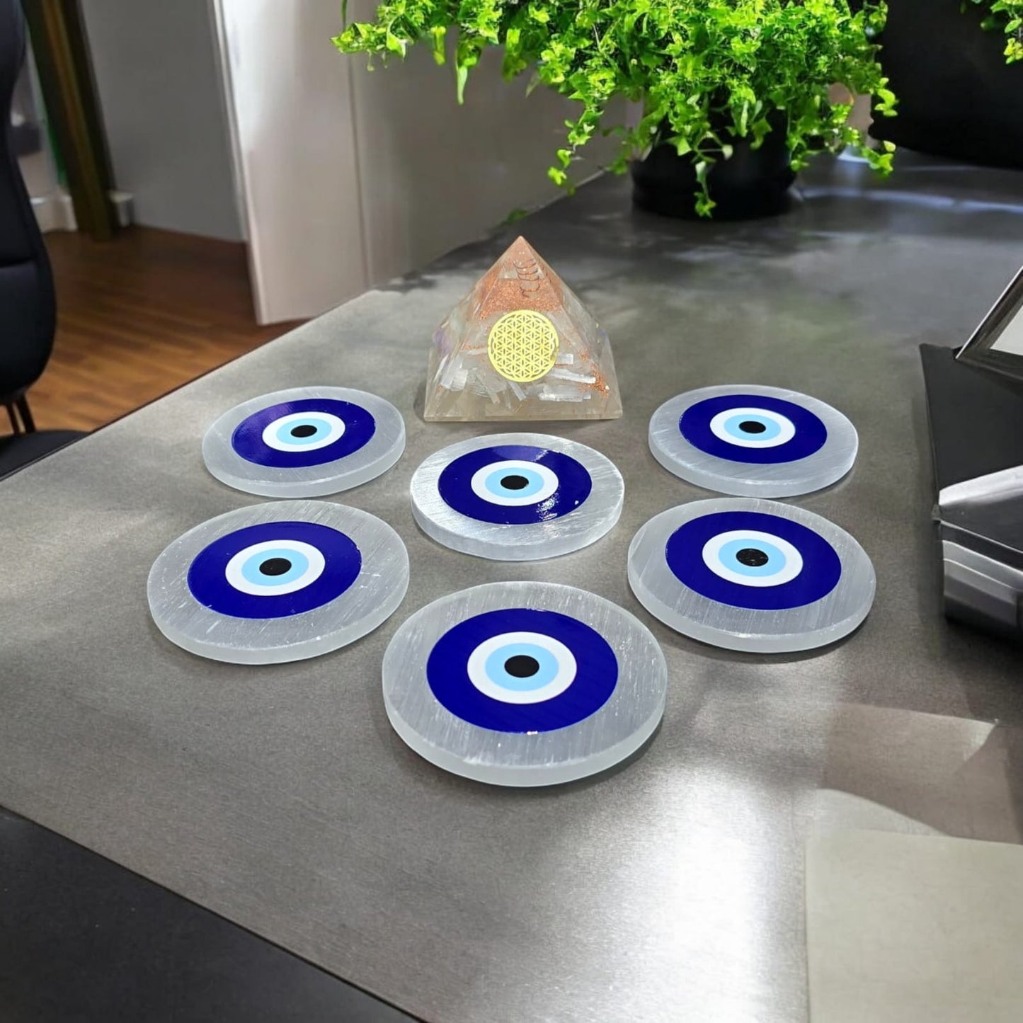 Selenite Coaster With Evil Eye