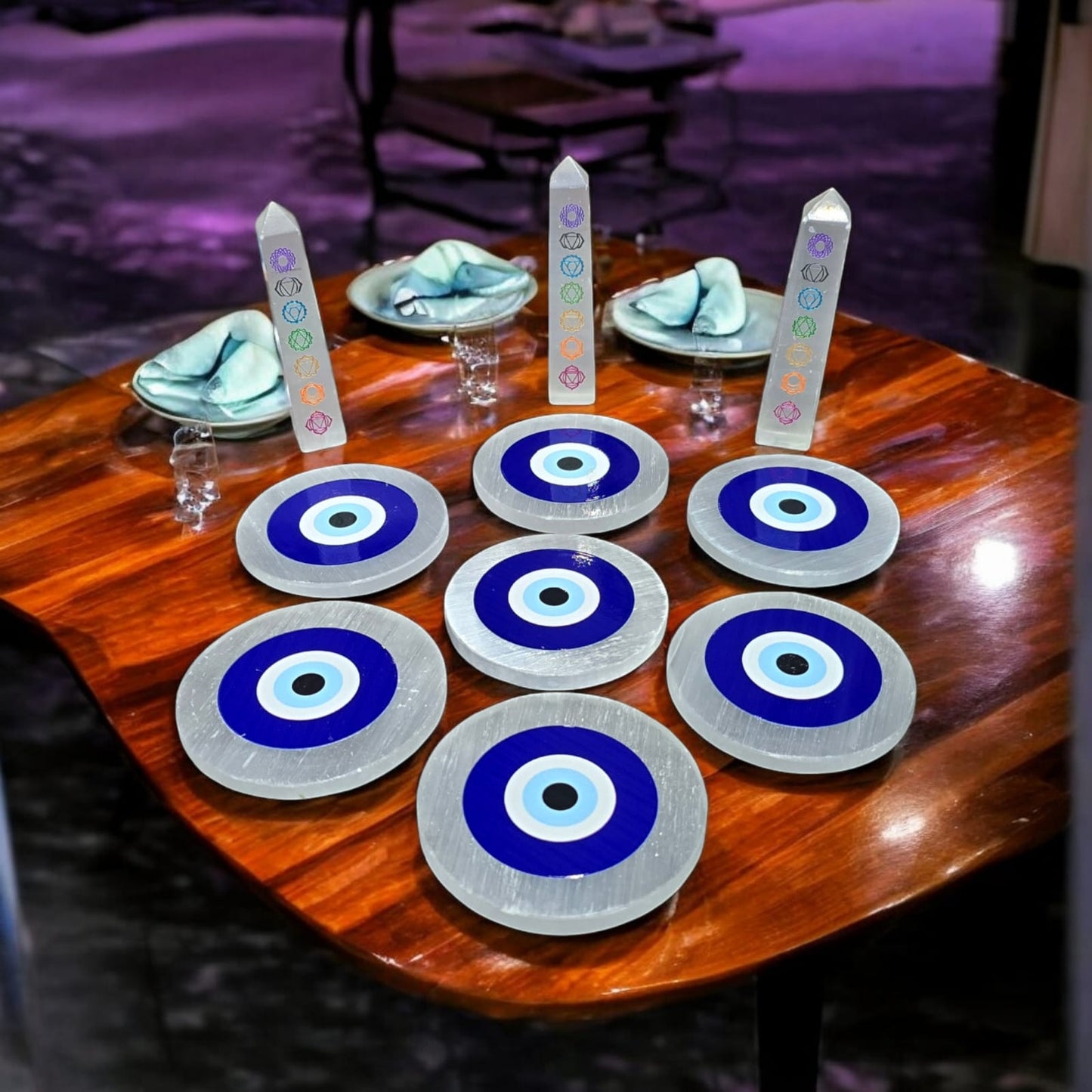 Selenite Coaster With Evil Eye