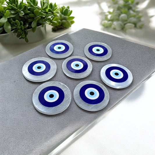 Selenite Coaster With Evil Eye
