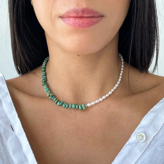 Natural Pearl and Turquiose Chips Necklace