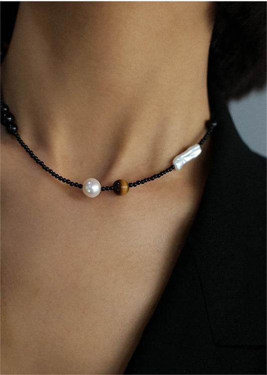 Black Obsidian Beads and Natural Pearl Choker