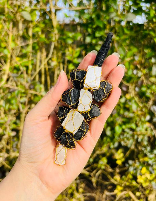 Selenite & Black Tourmaline Hanging Crystals On Sale